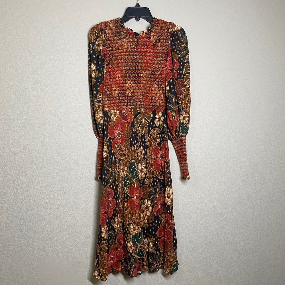 Farm Rio Medium Flowered Leopards Midi Dress Multicolored Mock Neck Long Sleeves - Picture 2 of 11